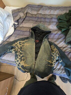Denim Jacket, XL mens, blue with graphic